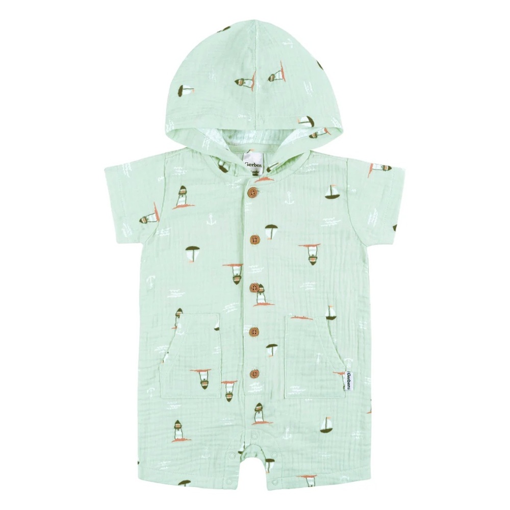 GERBER Mint Green Hooded Baby Romper with Button Details